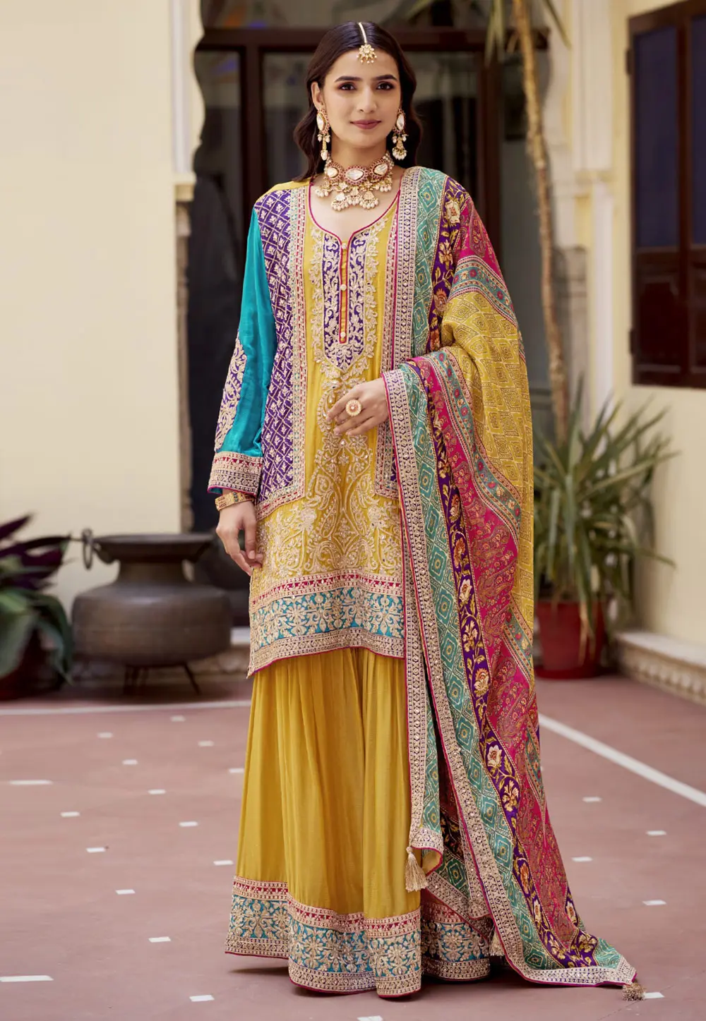 Yellow Chinon Embroidered Sharara Suit 303206