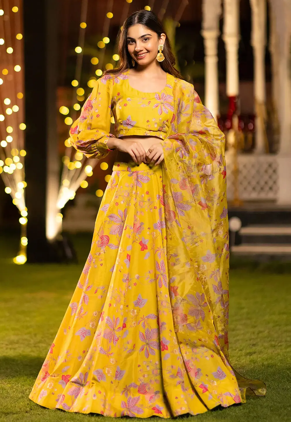 Yellow Chinon Floral Lehenga choli 304779