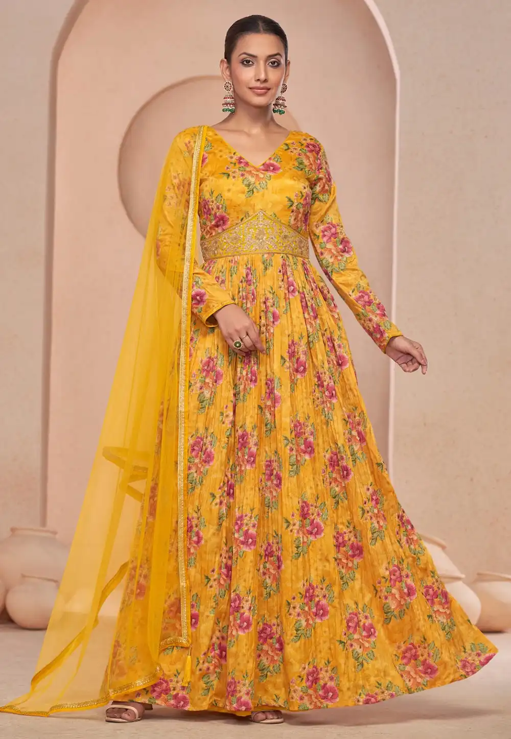 Yellow Chinon Long Anarkali Suit 290325