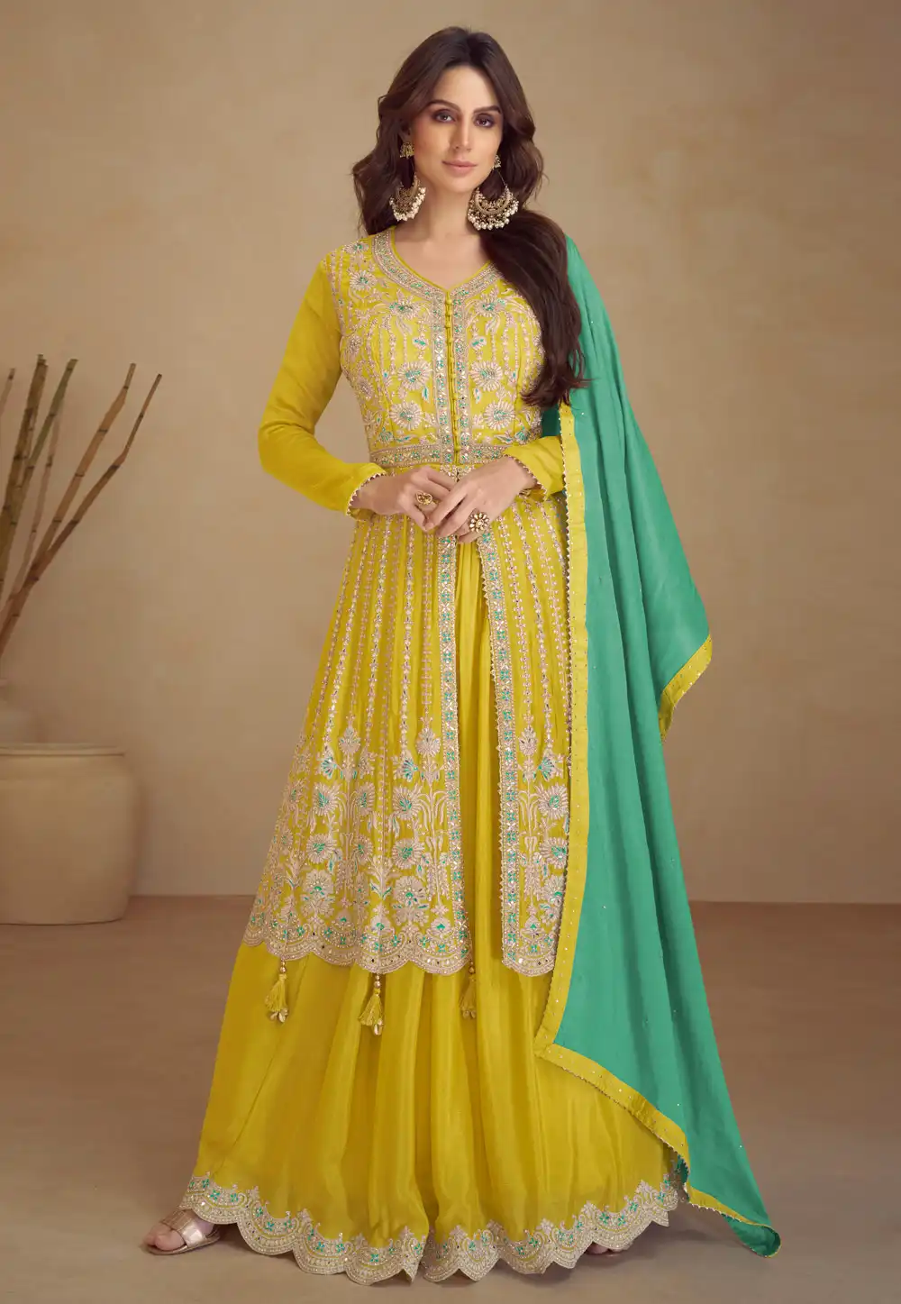 Yellow Chinon Long Choli Lehenga 293432