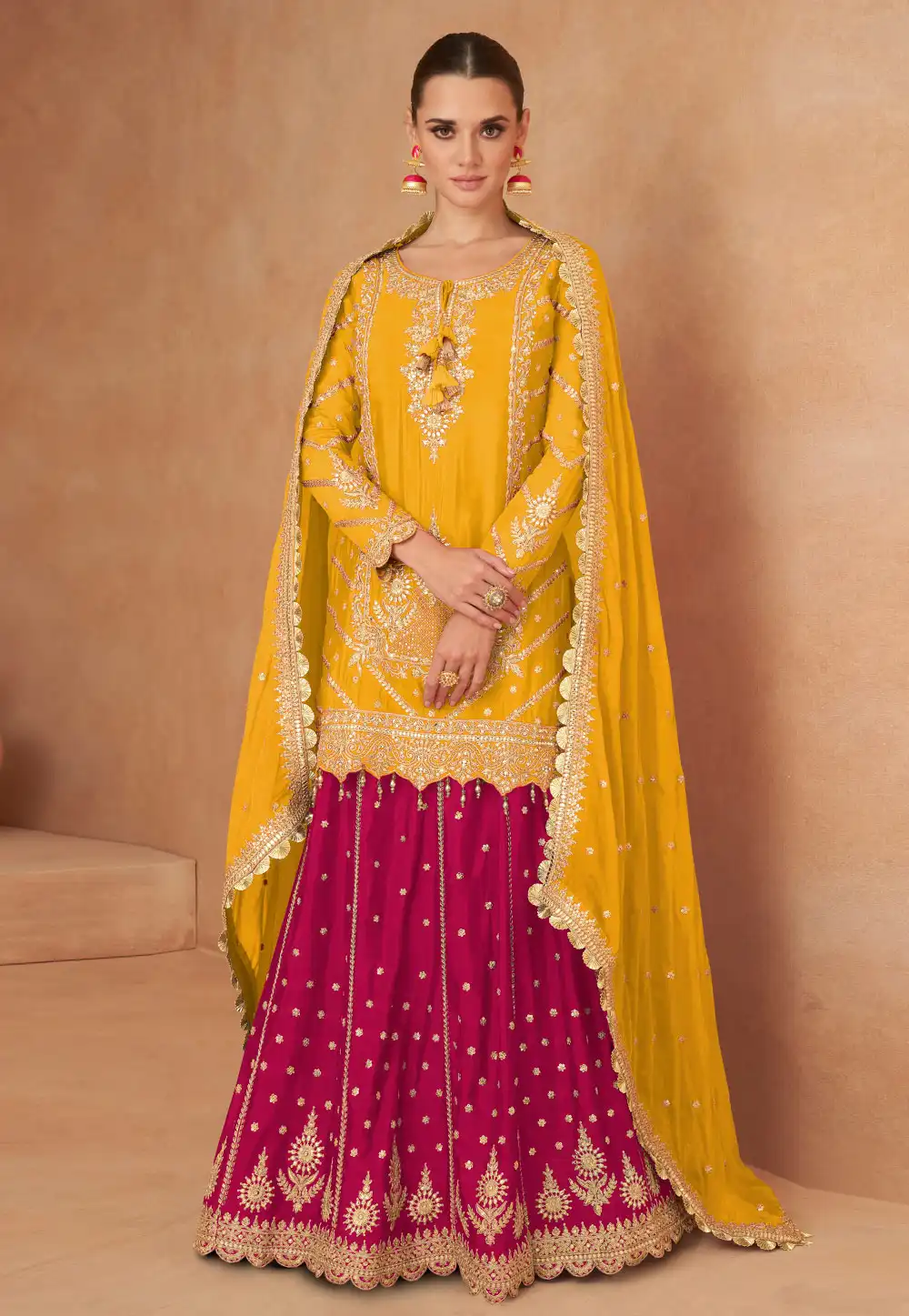 Yellow Chinon Long Choli Lehenga 295079