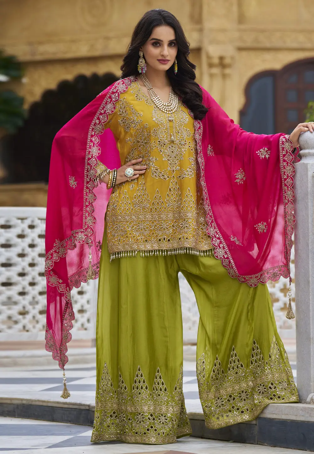 Yellow Chinon Palazzo Suit 298514