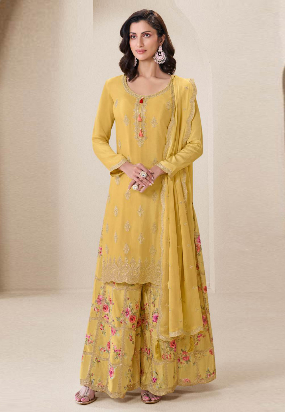 Yellow Chinon Palazzo Suit 306292