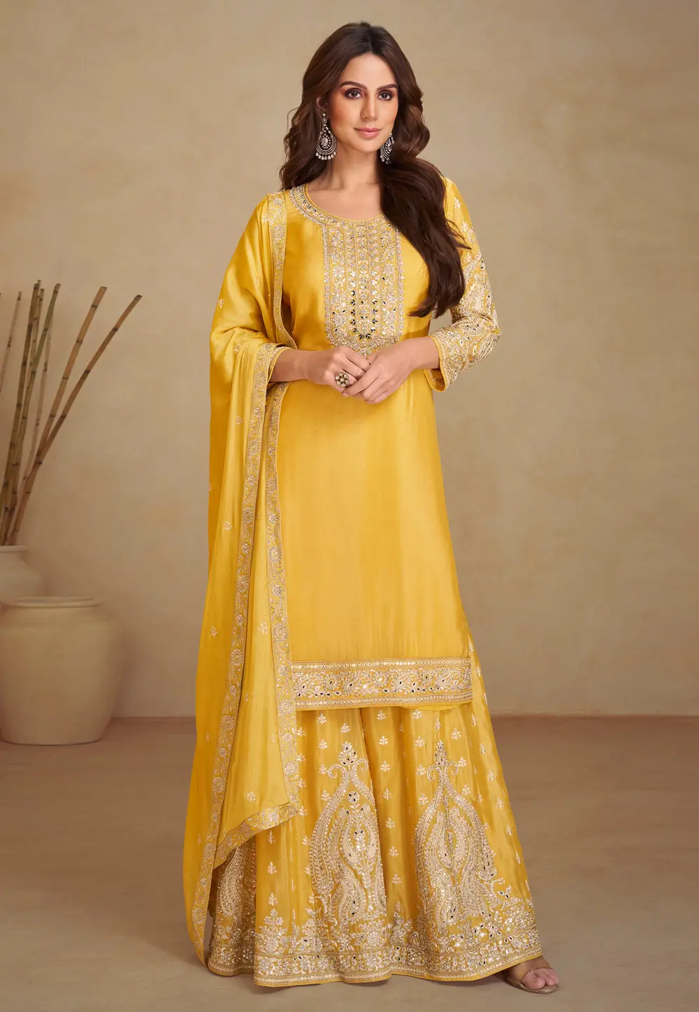 Yellow Chinon Palazzo Suit 303204