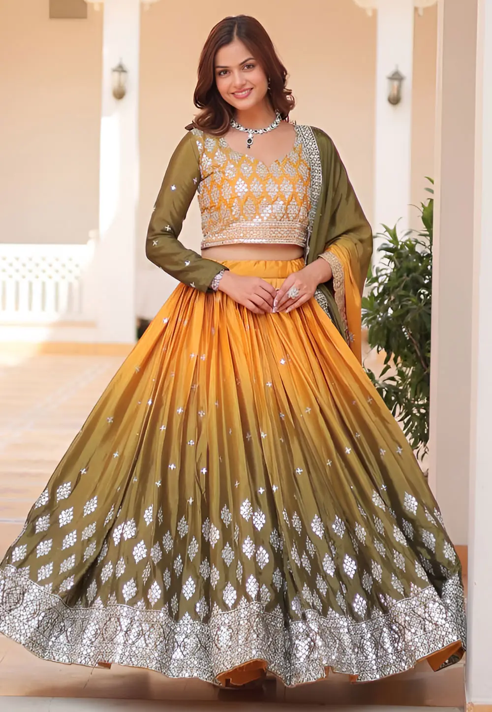 Yellow Chinon Readymade Circular Lehenga Choli 301633