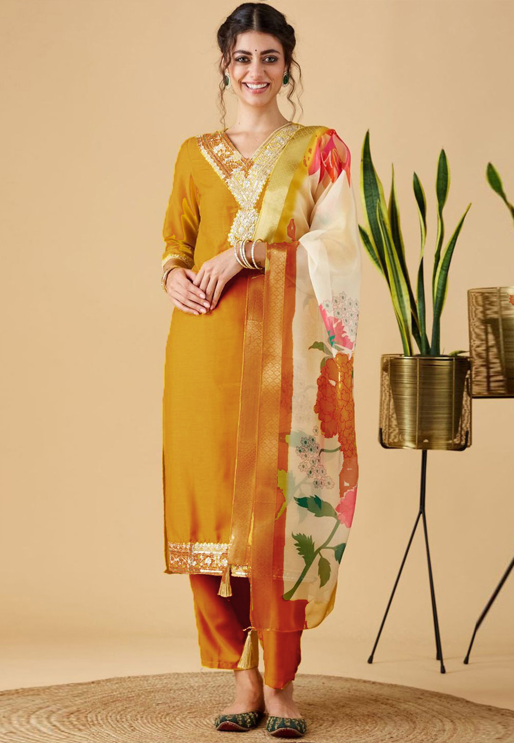 Brown Chinon Readymade Pakistani Suit 308793