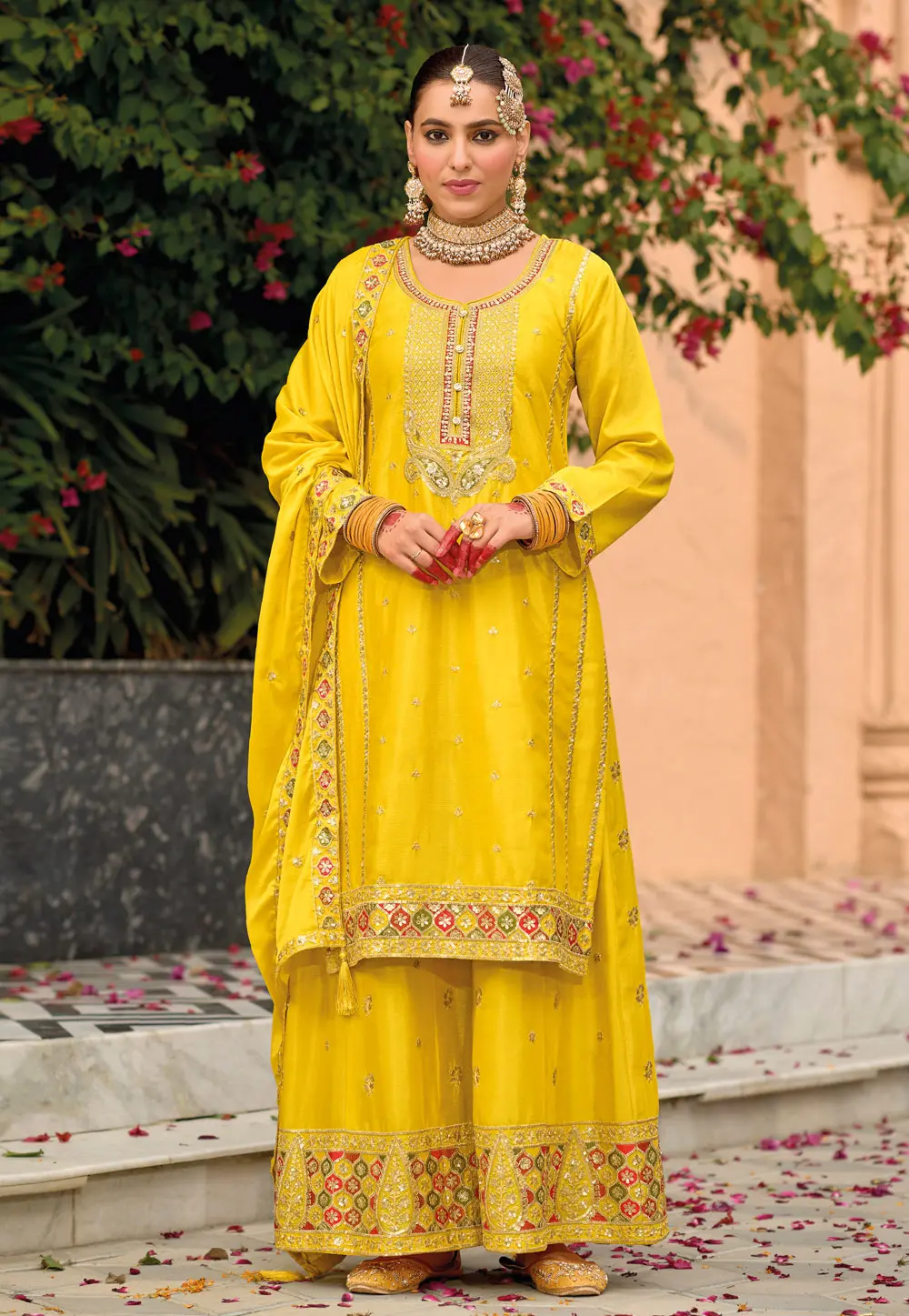 Yellow Chinon Readymade Palazzo Suit 304025