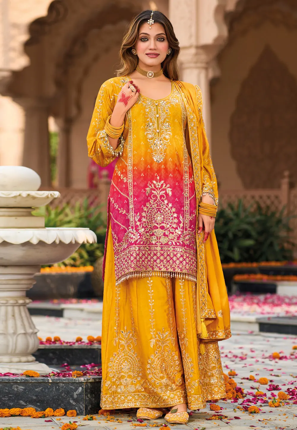 Yellow Chinon Readymade Palazzo Suit 304024