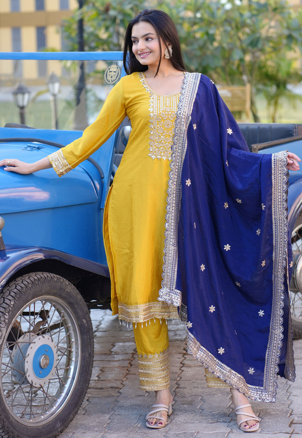 Yellow Chinon Readymade Pant Style Suit 306334