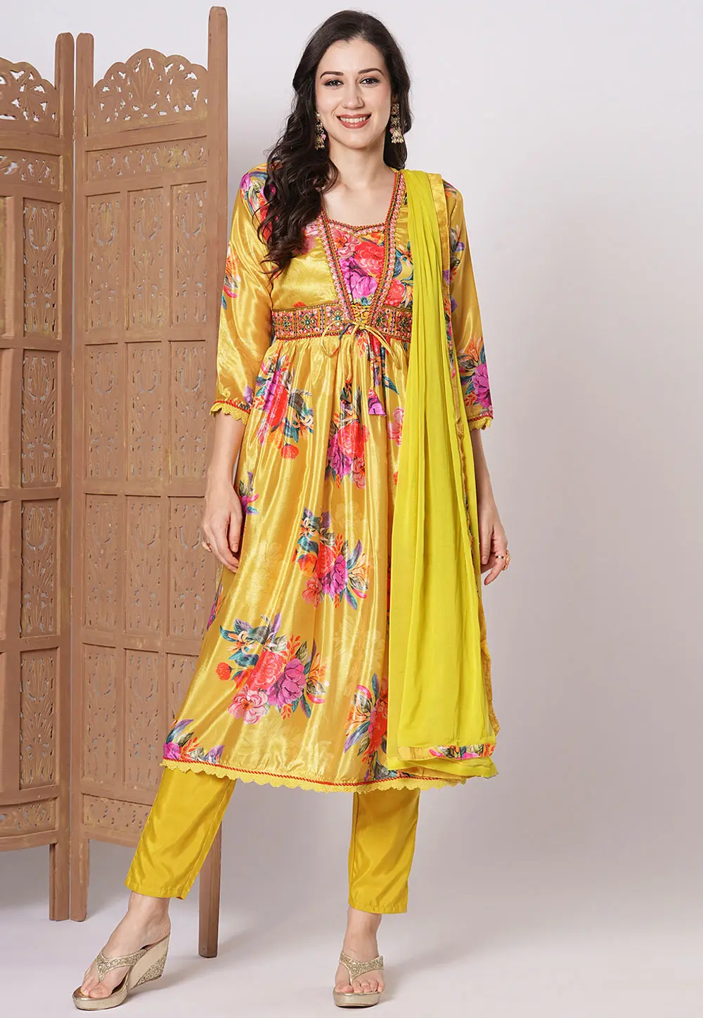 Yellow Chinon Readymade Pant Style Suit 300350