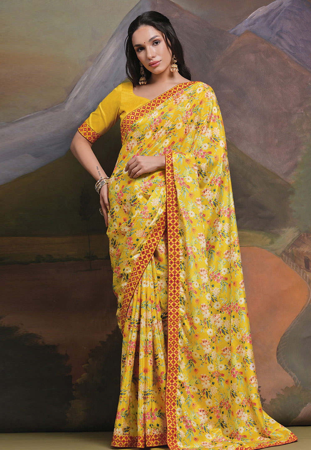 Yellow Chinon Saree With Blouse 279461