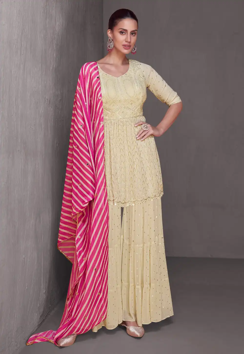 Yellow Chinon Sharara Suit 293182