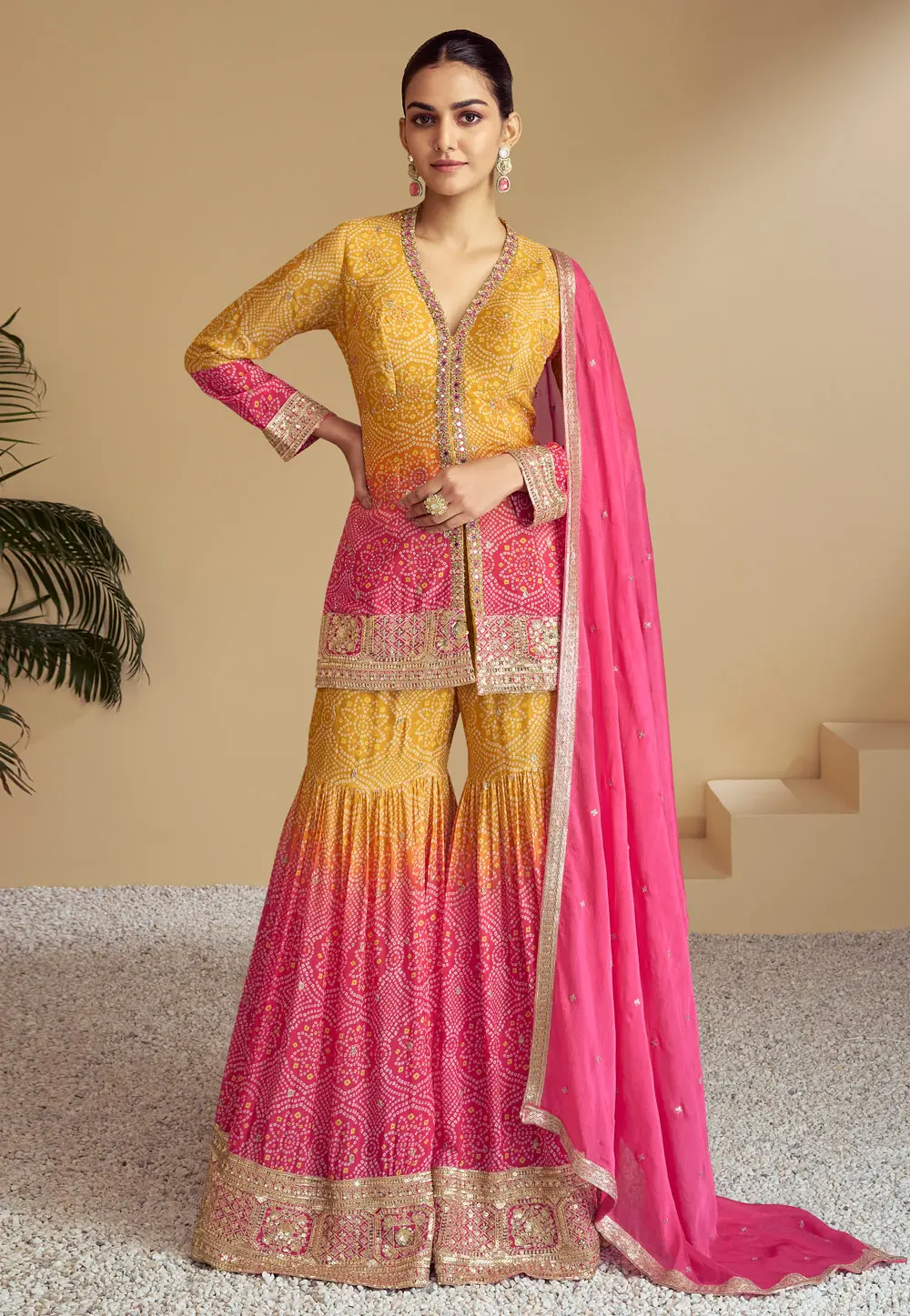 Yellow Chinon Sharara Suit 301573