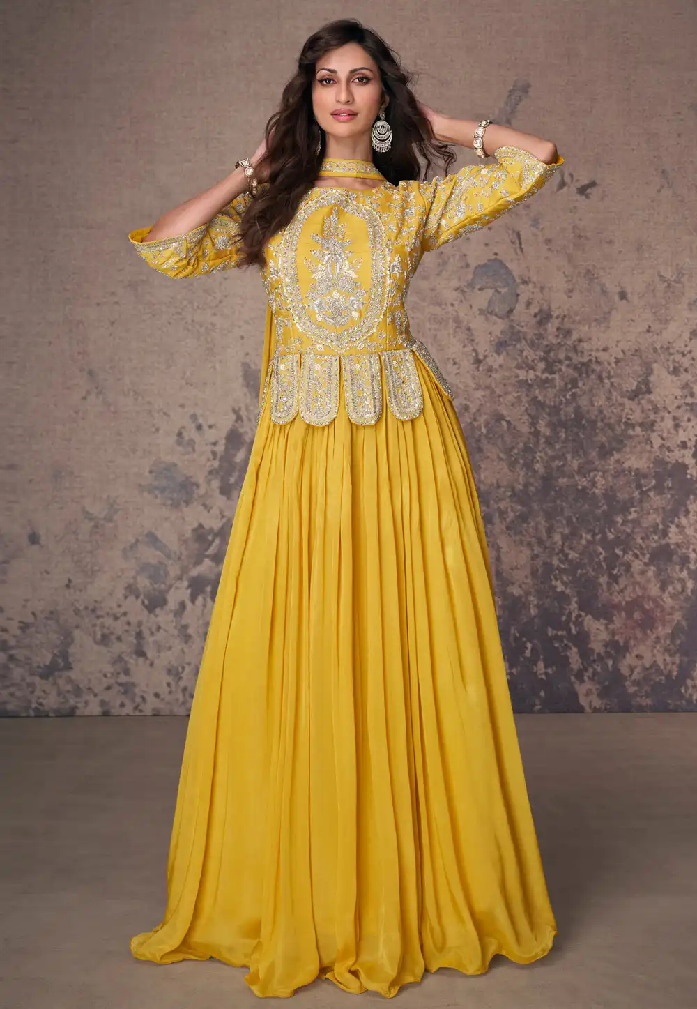 Yellow Chinon Silk Anarkali Suit 293332