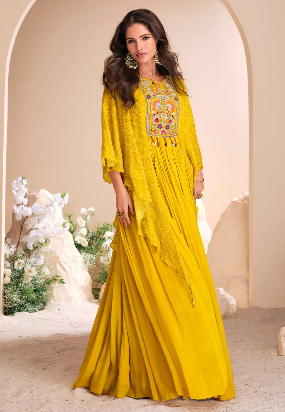 Yellow Chinon Silk Designer Gown 298255