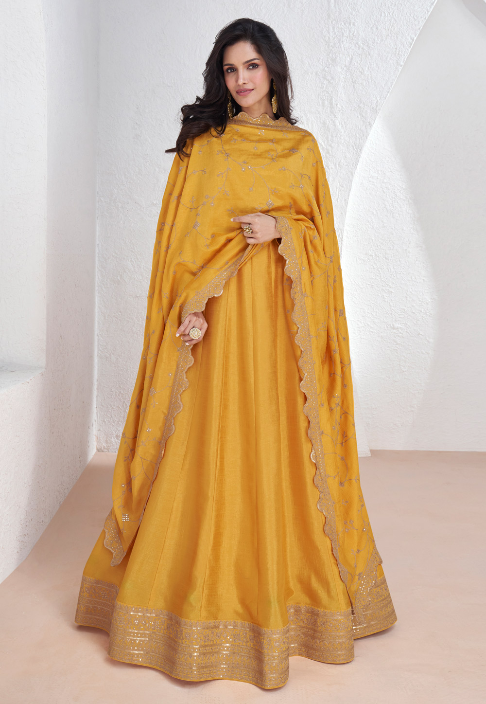 Yellow Chinon Silk Floor Length Anarkali Suit 285848