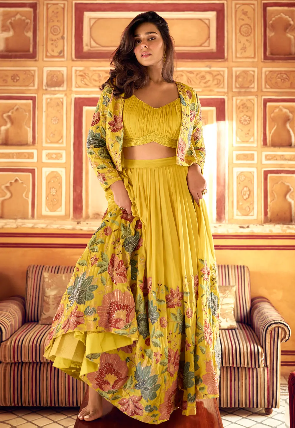 Yellow Chinon Silk Indo Western Lehenga Choli 303200