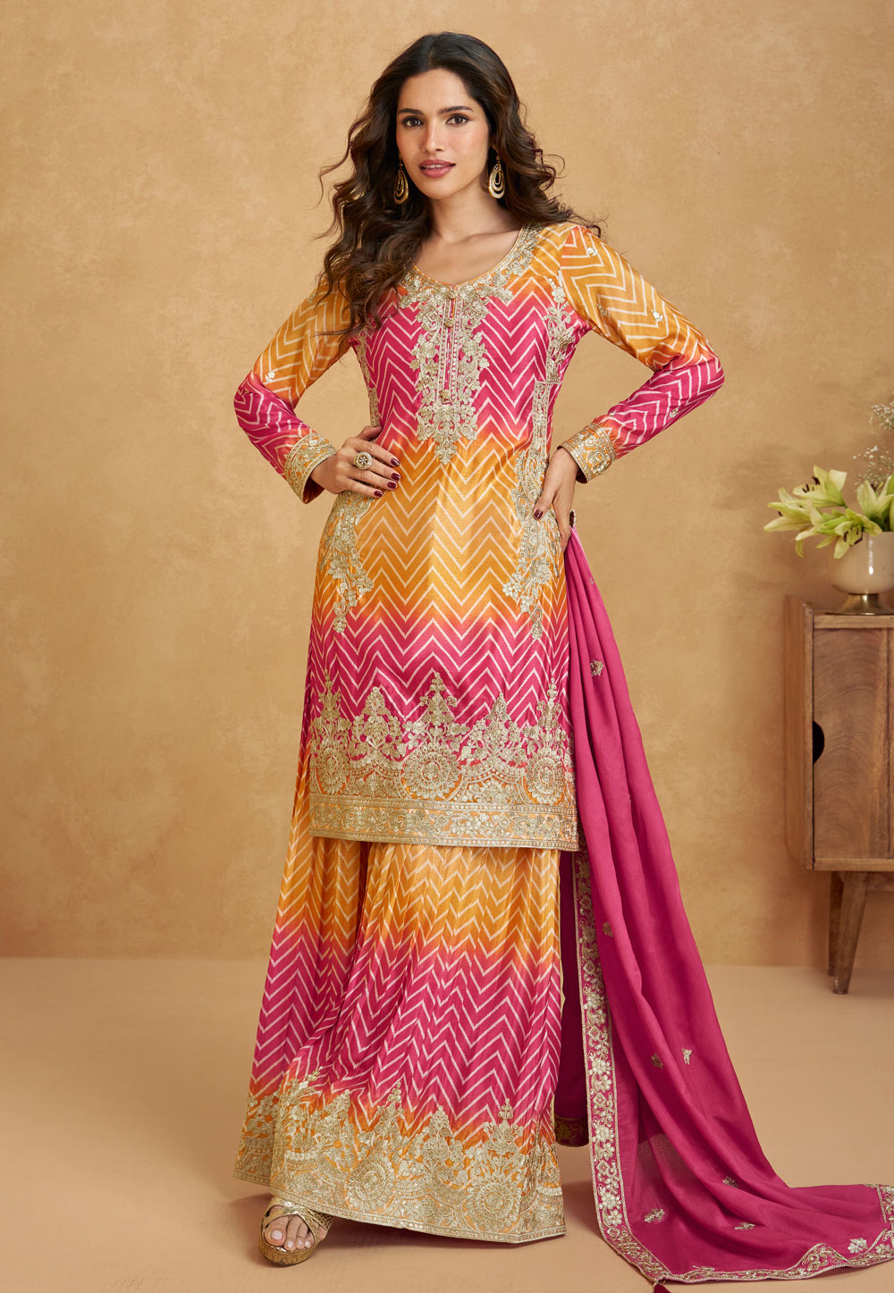 Yellow Chinon Silk Pakistani Suit 305727