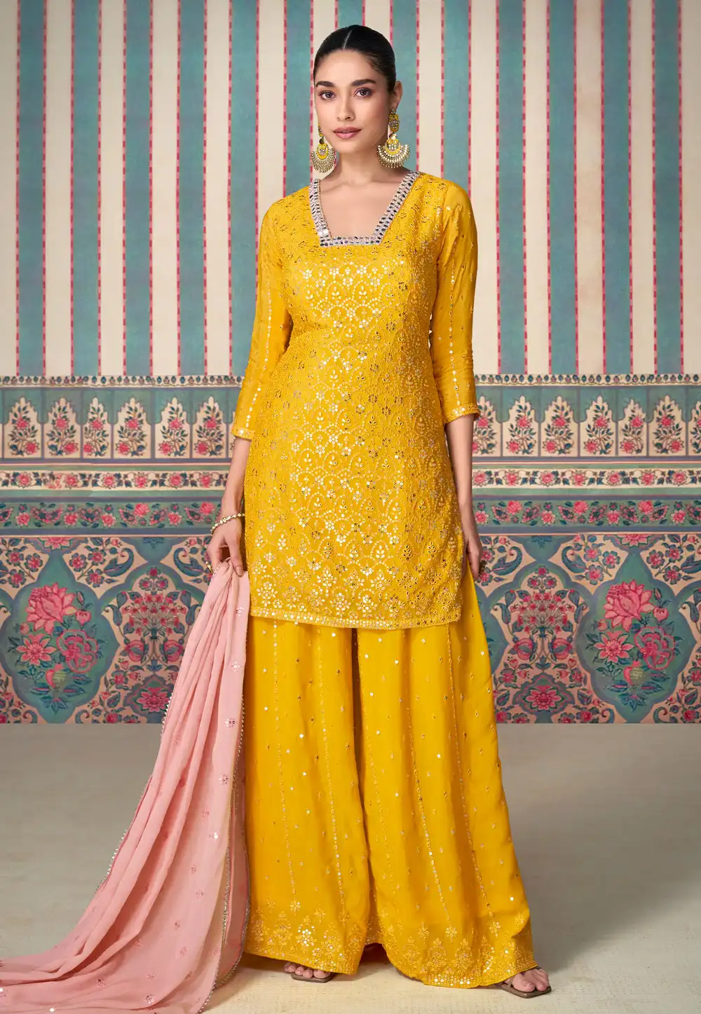 Yellow Chinon Silk Pakistani Suit 295129