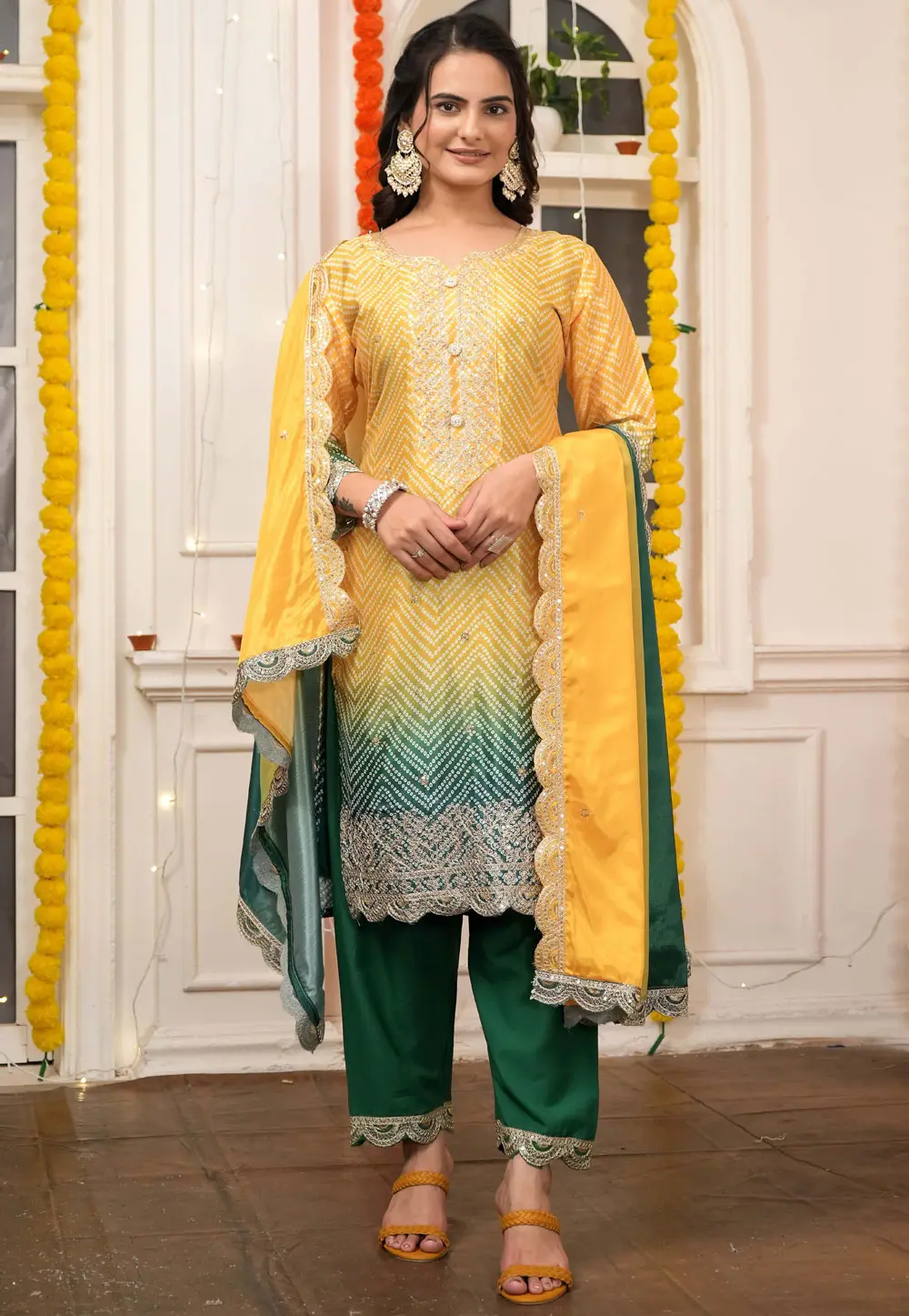 Yellow Chinon Silk Readymade Pakistani Suit 298673