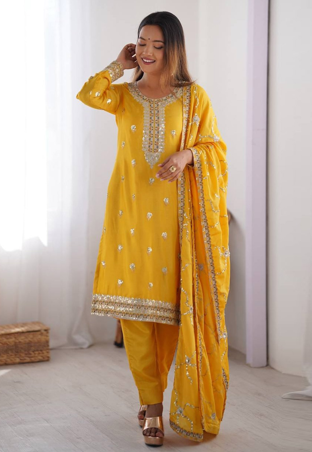 Yellow Chinon Silk Readymade Pant Style Suit 310654