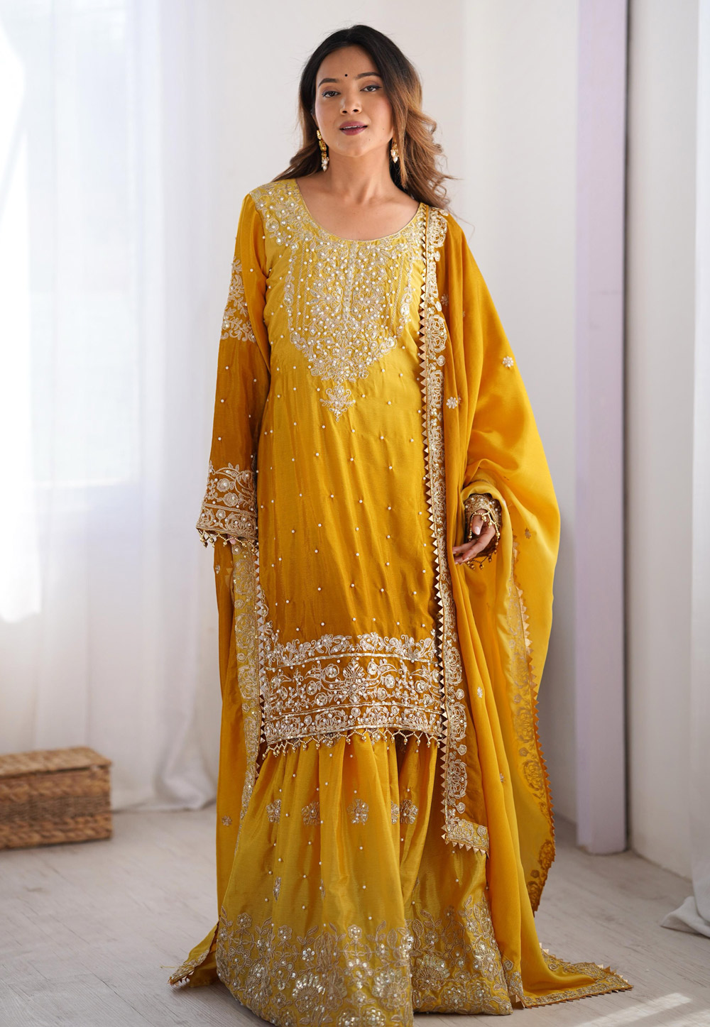 Yellow Chinon Silk Readymade Sharara Suit 310719