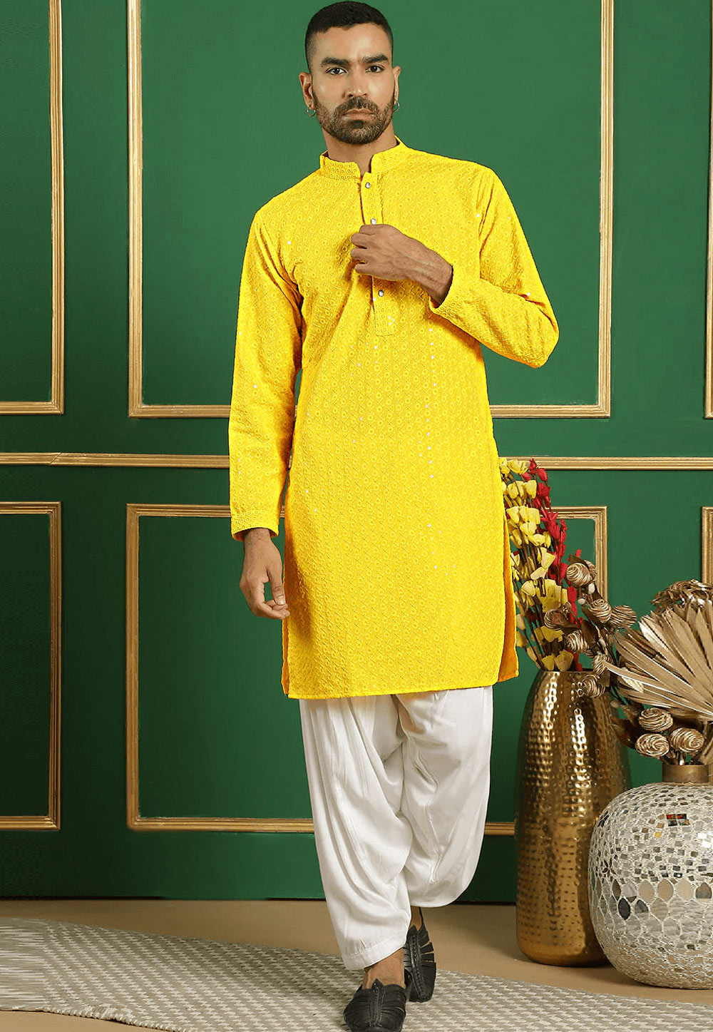 Yellow Cotton Dhoti Kurta 287629