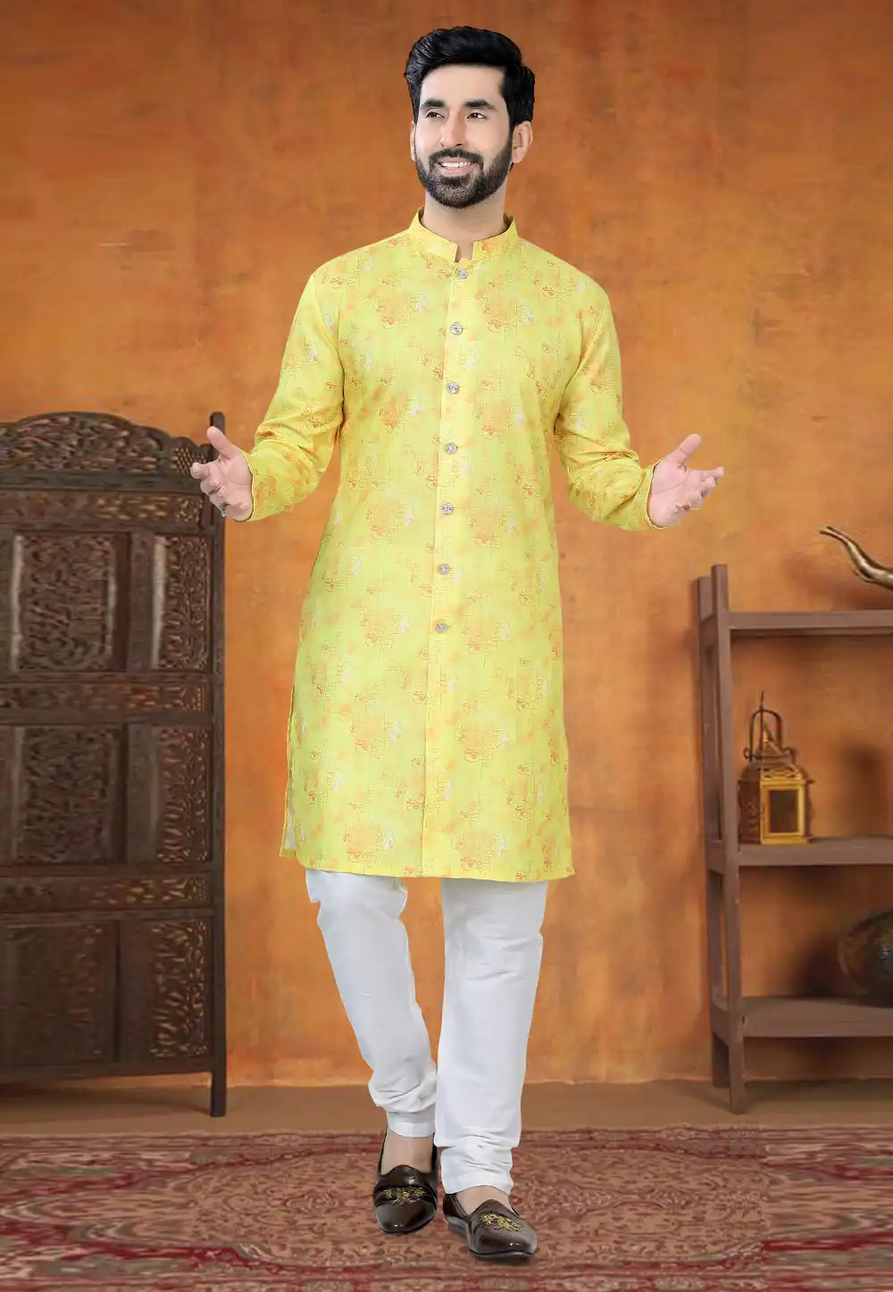 Yellow Cotton Indo Western Suit 295003