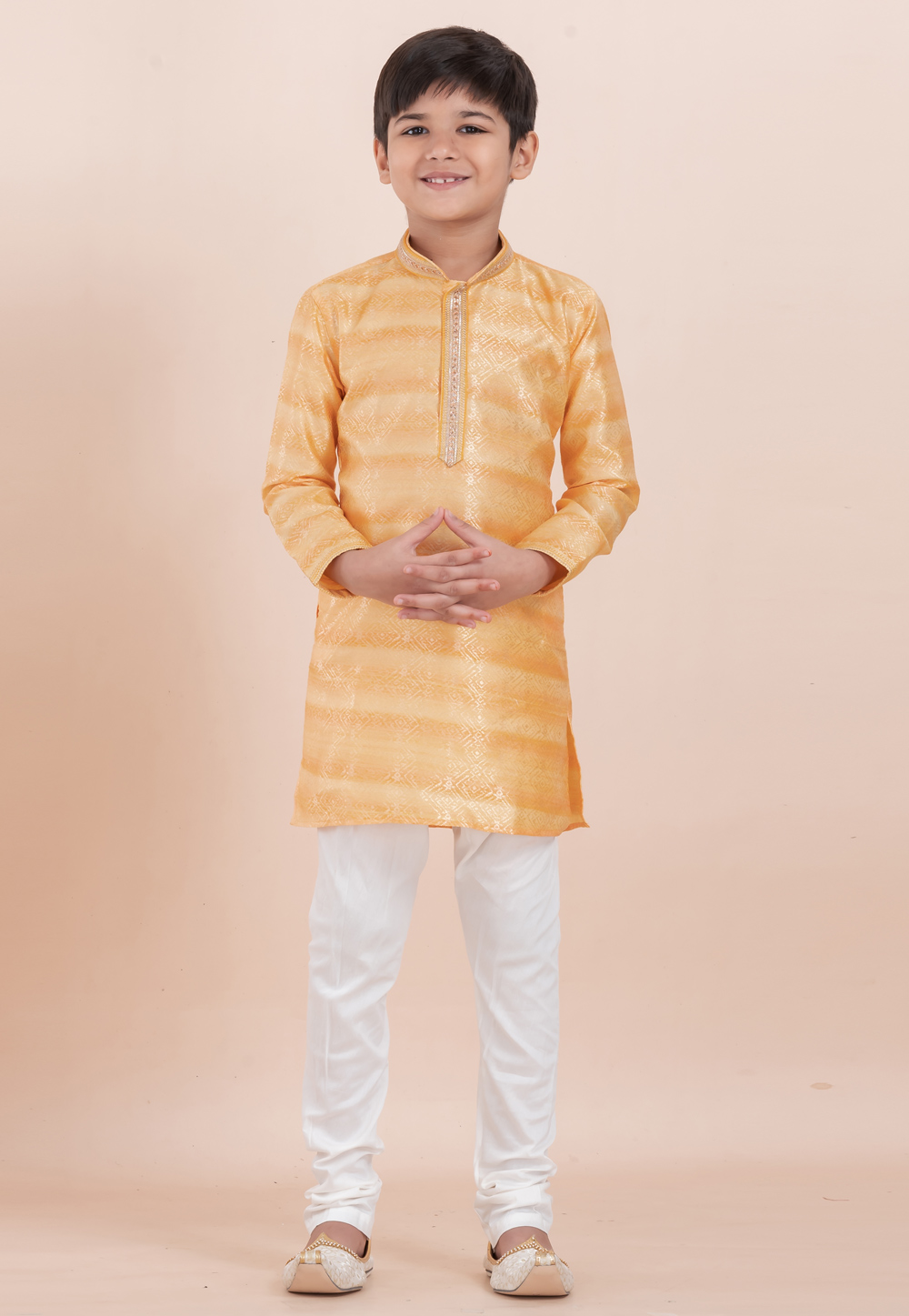 Yellow Cotton Jacquard Kids Kurta Pajama 305995