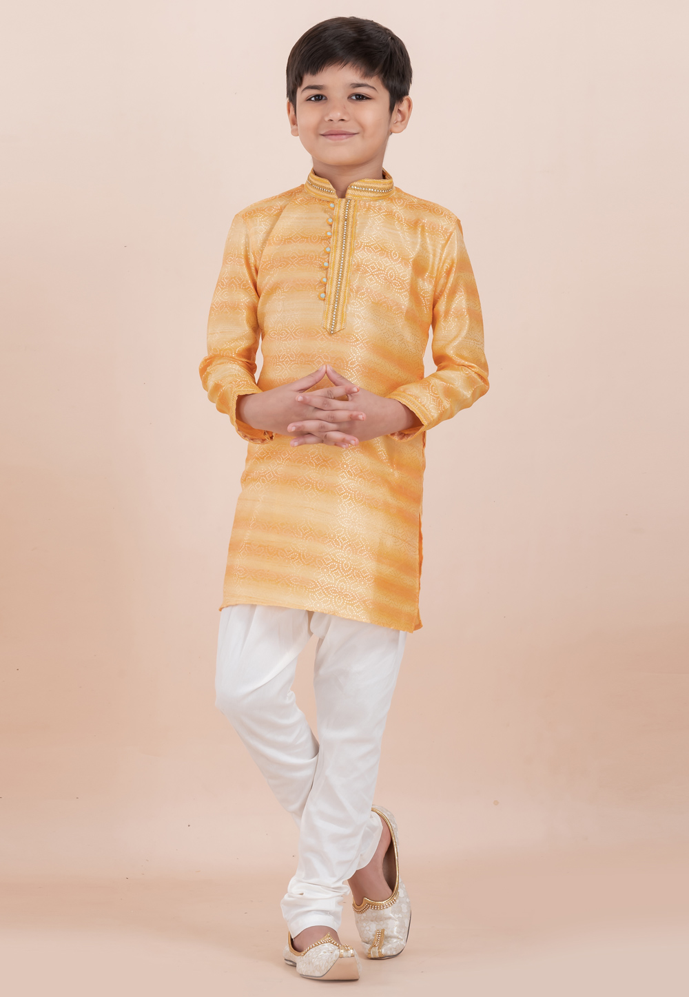 Yellow Cotton Jacquard Kids Kurta Pajama 305997