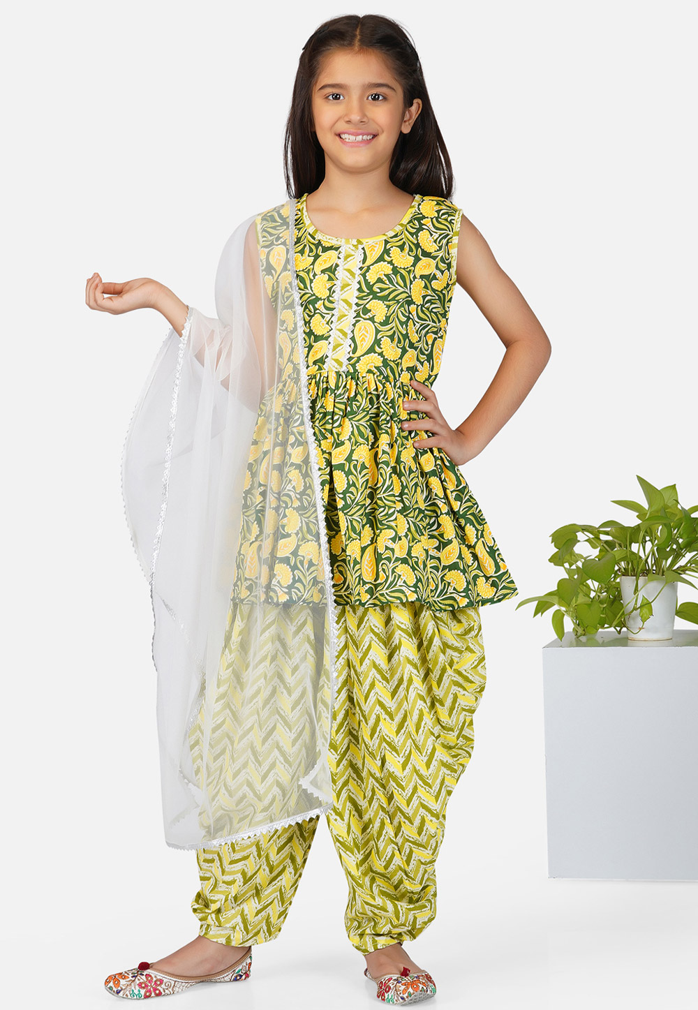 Yellow Cotton Kids Dhoti Salwar Kameez 280472