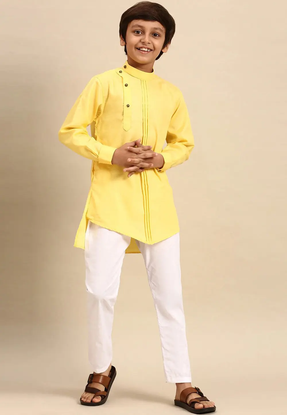 Yellow Cotton Kids Kurta Pajama 302098