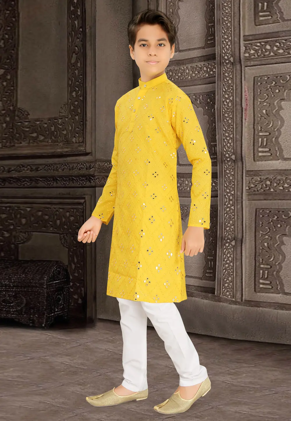 Yellow Cotton Kids Kurta Pajama 298430