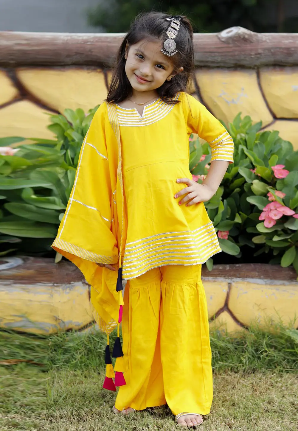 Yellow Cotton Kids Sharara Suit 302396