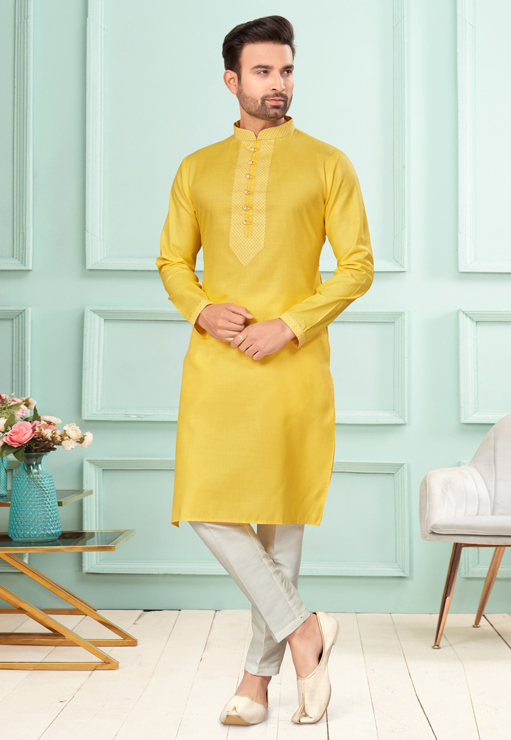 Yellow Cotton Kurta Pajama 283875
