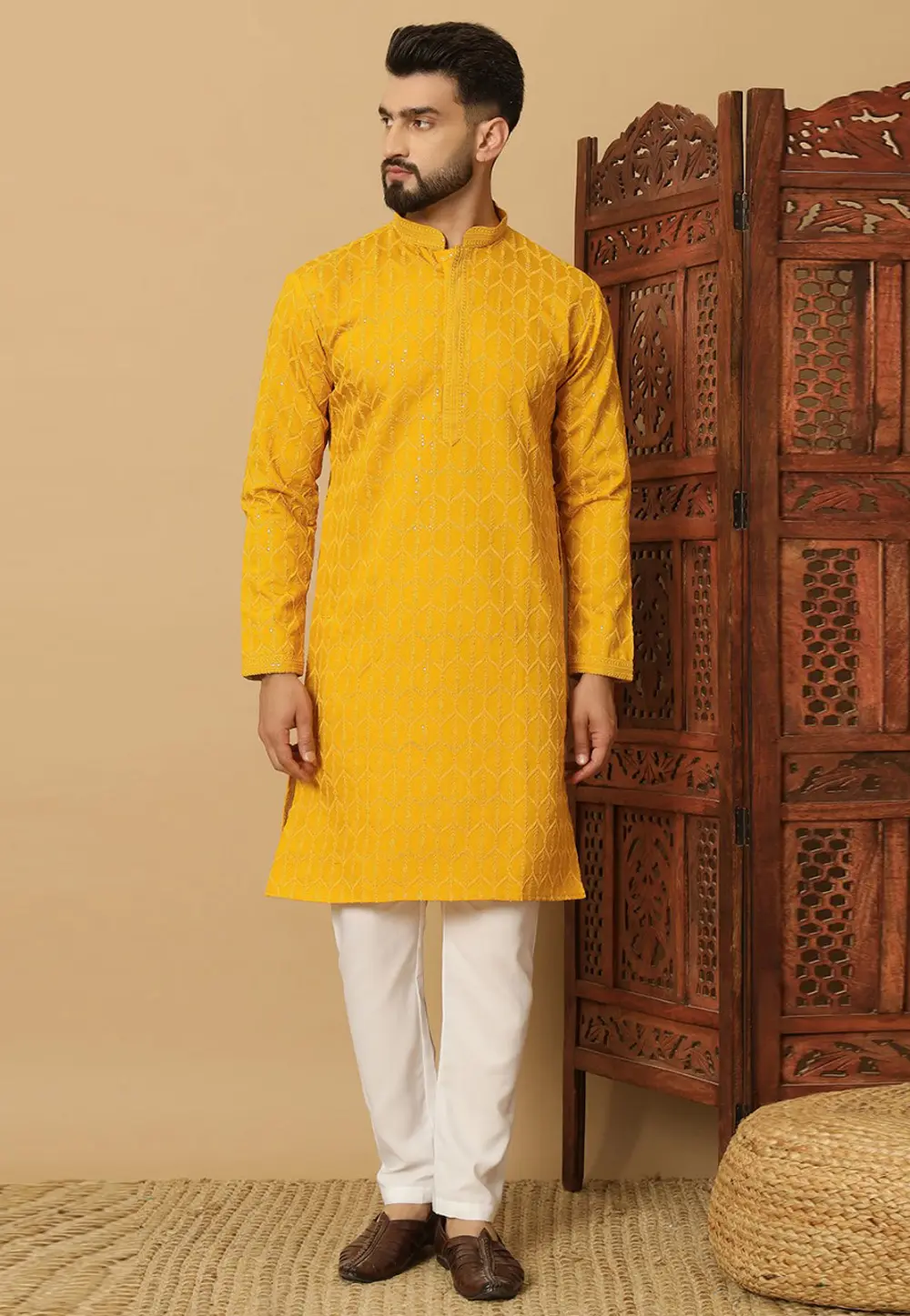 Yellow Cotton Kurta Pajama 297682