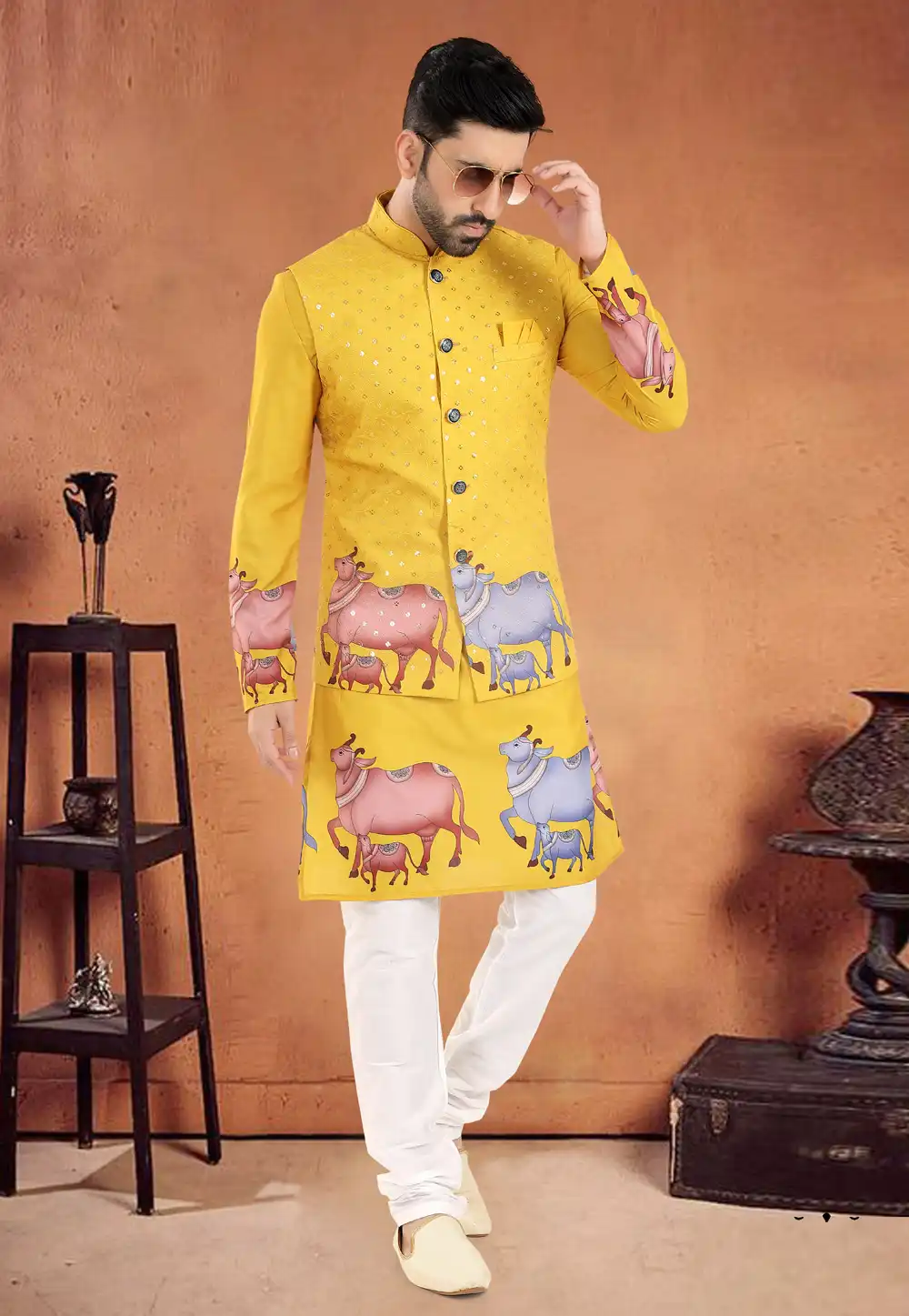 Yellow Cotton Kurta Pajama With Jacket 290577