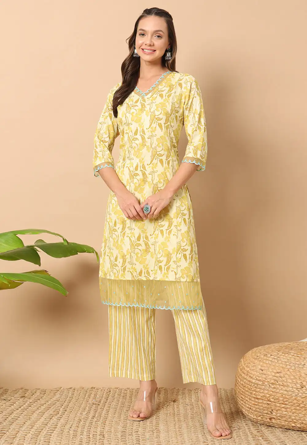 Yellow Cotton Kurta Set With Pent 291851