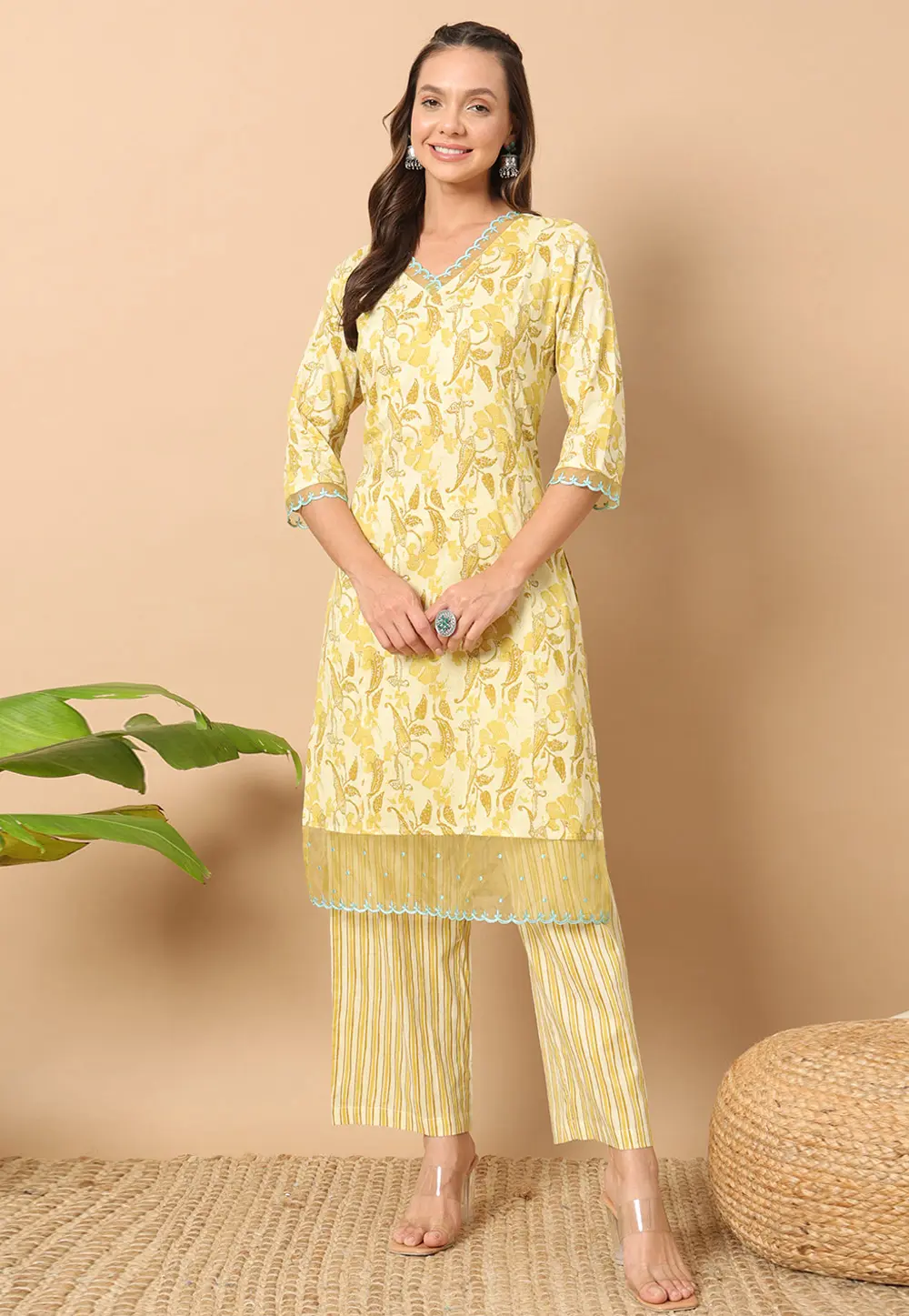 Yellow Cotton Kurta Set With Pent 301372