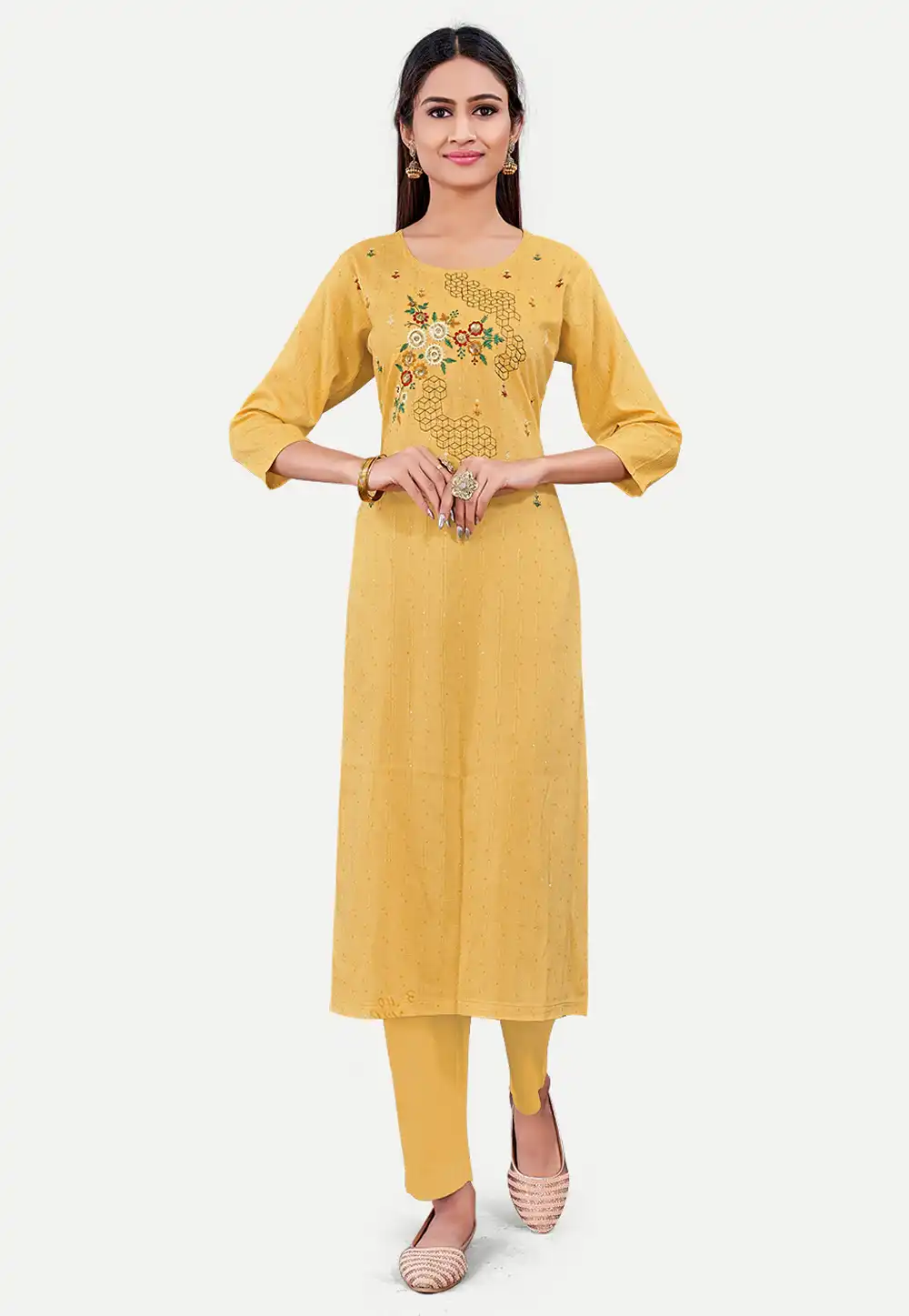 Yellow Cotton Long Kurti 288084