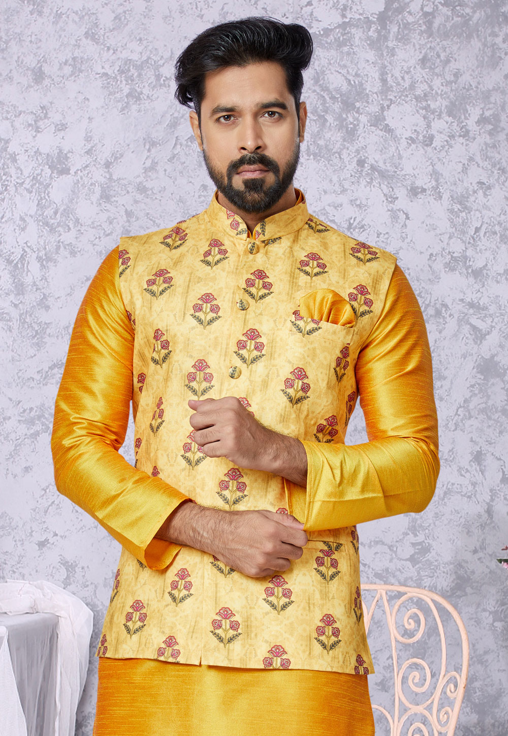 Yellow Cotton Nehru Jacket 286779