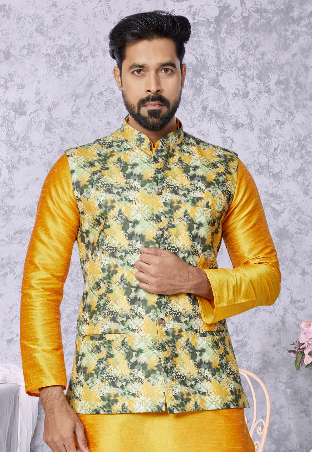 Yellow Cotton Nehru Jacket 286783