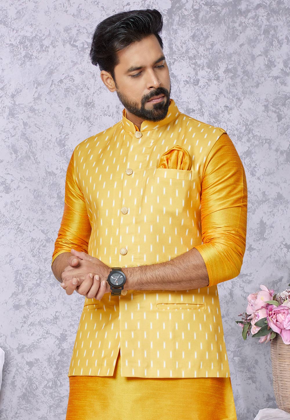 Yellow Cotton Nehru Jacket 286787