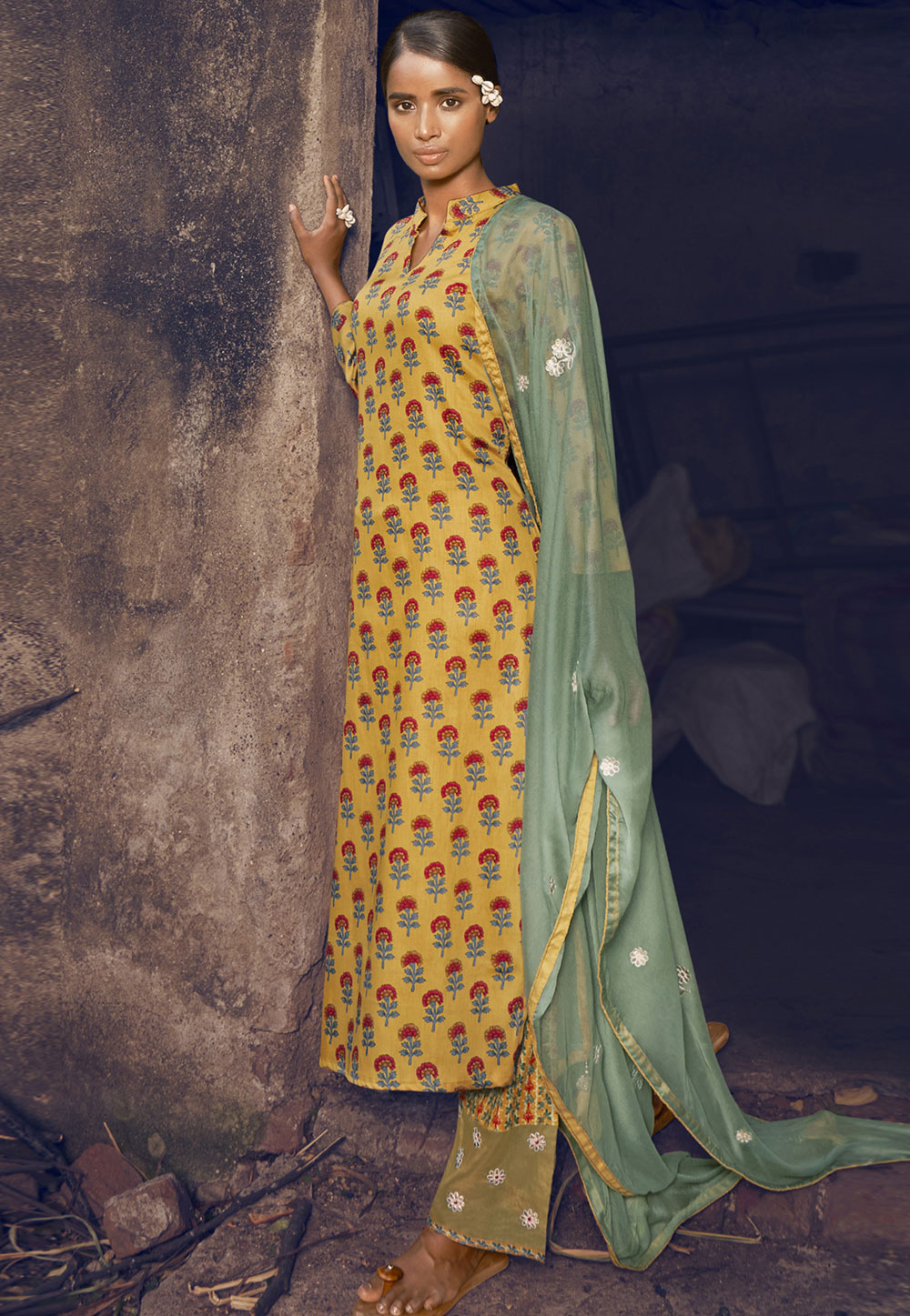 Yellow Cotton Pant Style Suit 310417