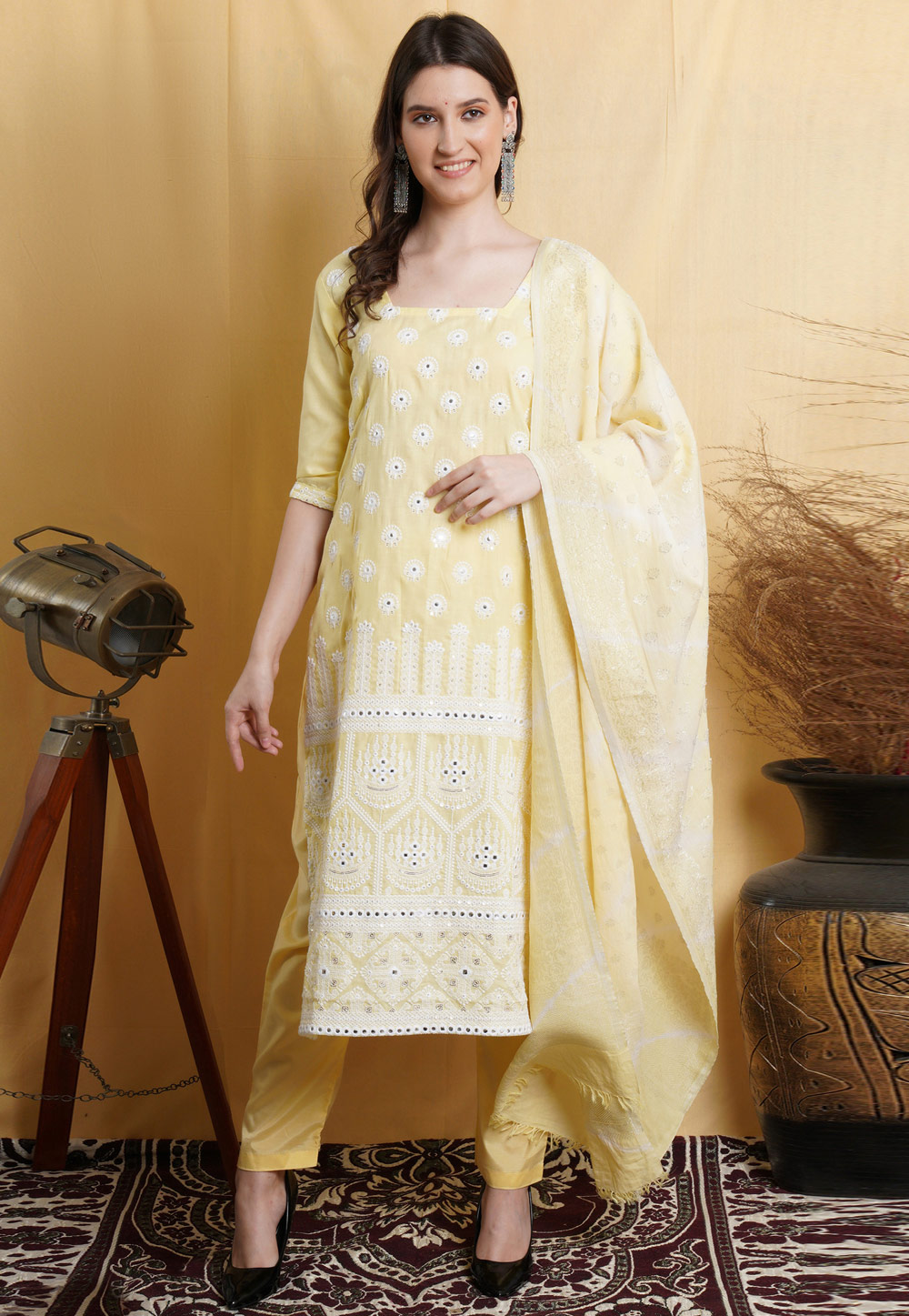 Yellow Cotton Pant Style Suit 310439