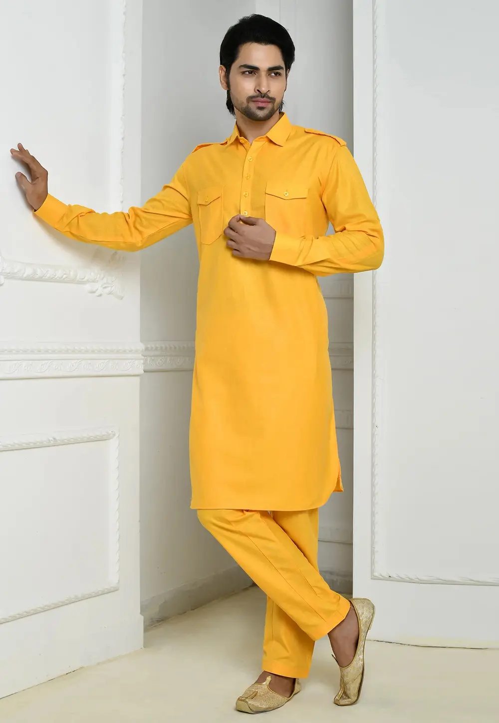 Yellow Cotton Pathani Suit 300776