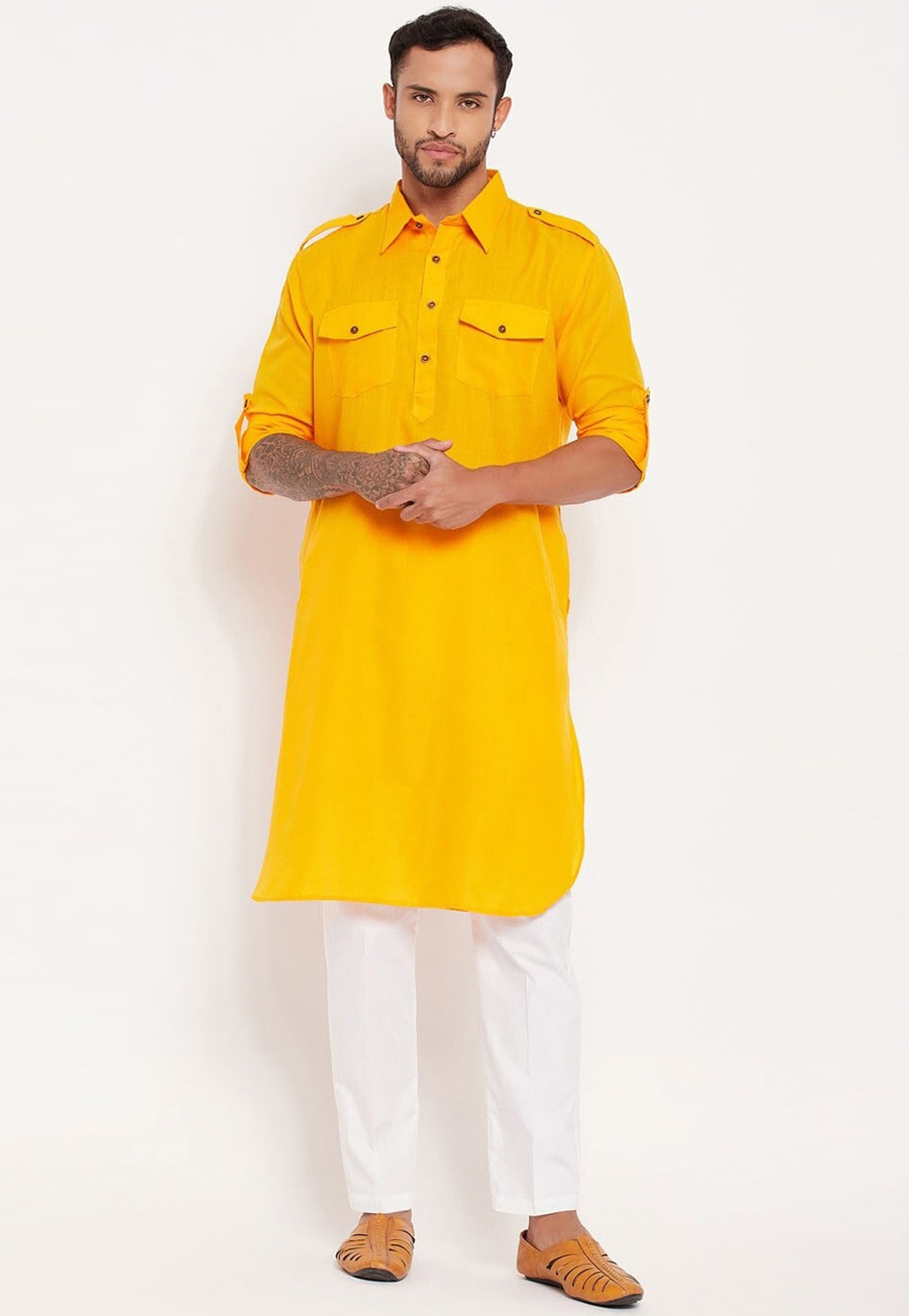 Yellow Cotton Pathani Suit 309753