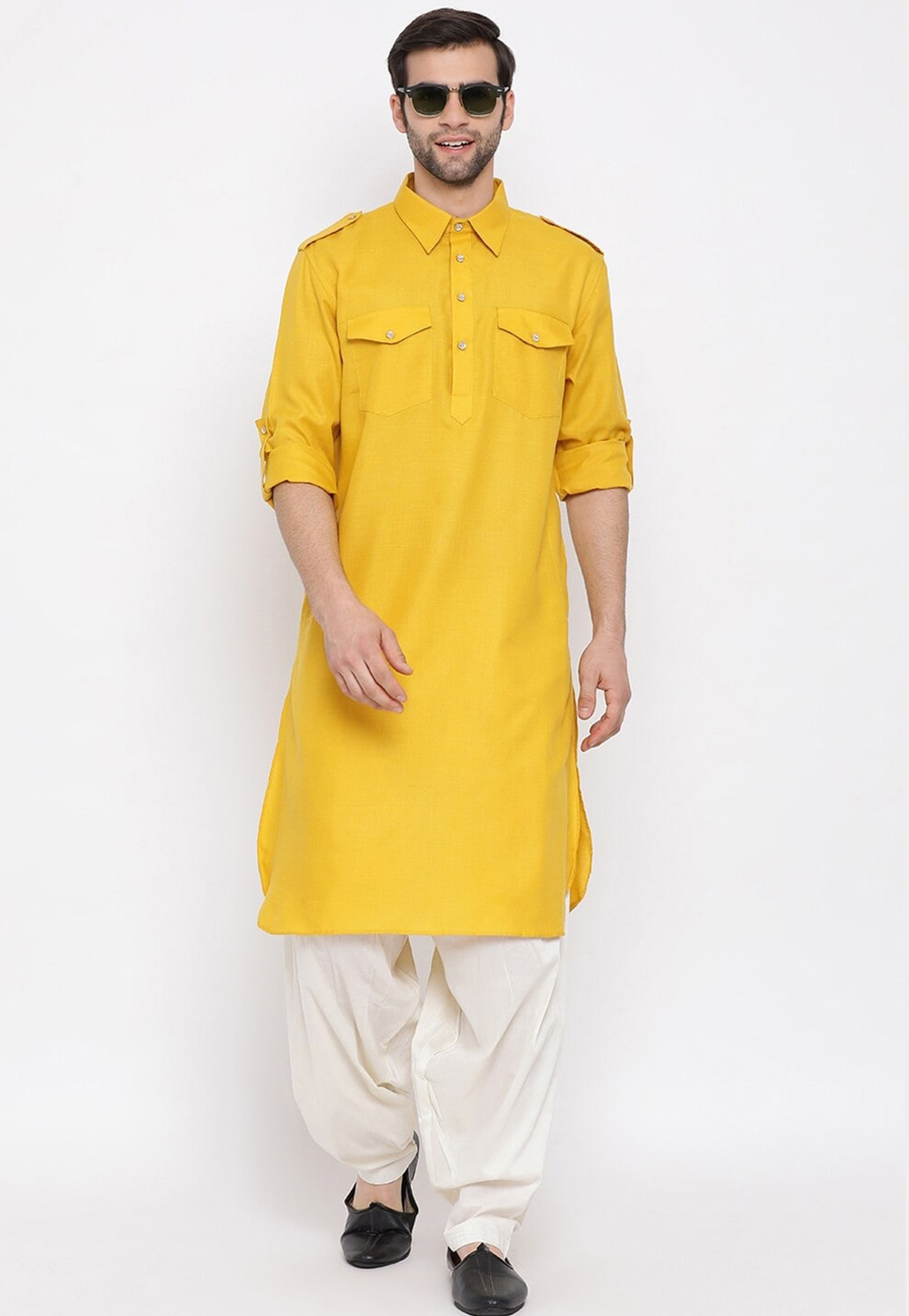 Yellow Cotton Pathani Suit 309760