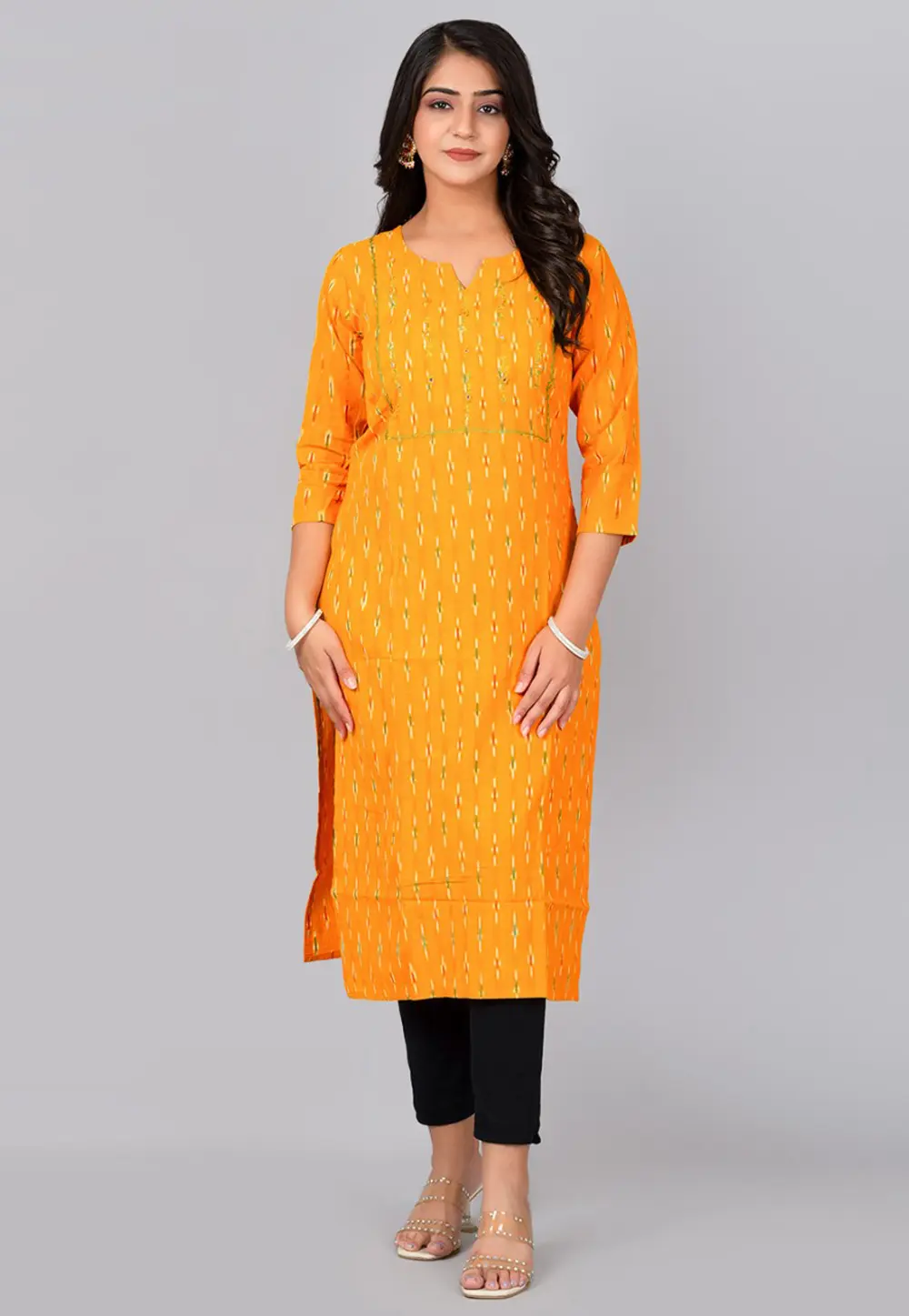 Yellow Cotton Printed Long Kurti 302775