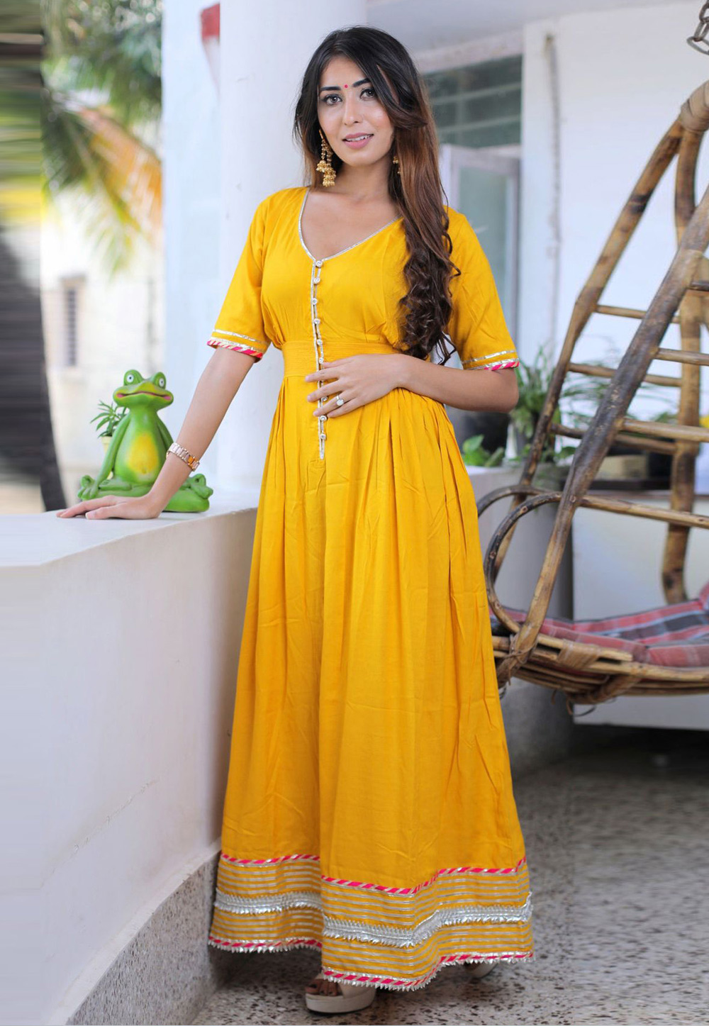 Yellow Cotton Rayon Readymade Anarkali Suit 310311